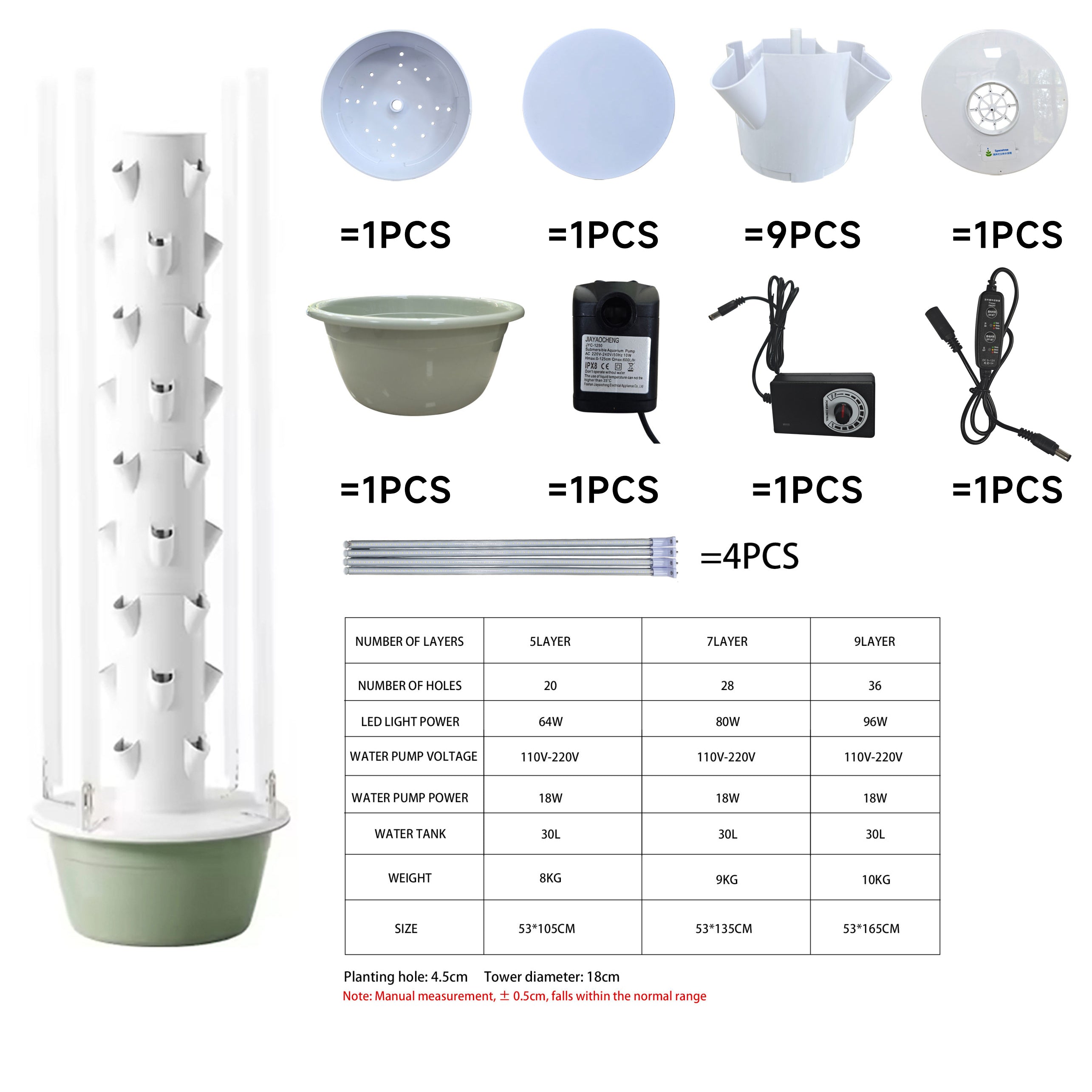 Titan Tower with LED Lights - 9 Floor With Light Hydroponic Greenhouse Vertical Aeroponics Towers Garden Growing Systems Multilayer Vertical Aeroponics Tower